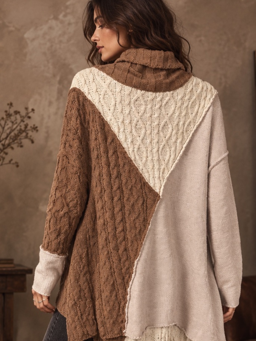 154. Bluevelvet Colorblock Cable Knit Turtleneck Sweater - Gray/Cream chenille